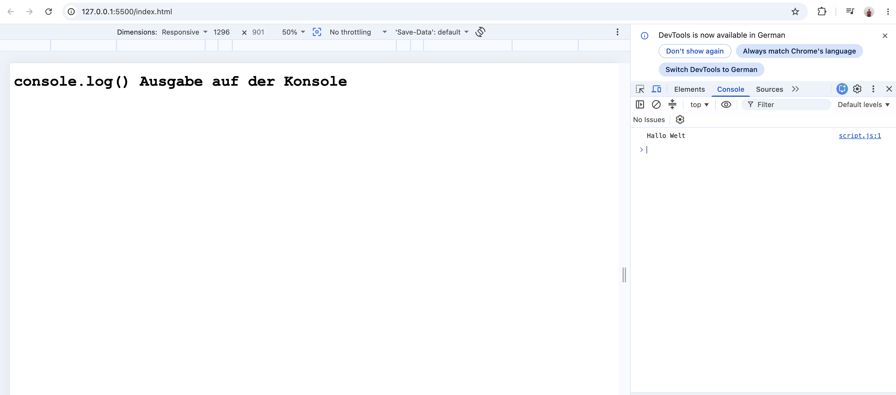 Browser-Konsole mit der Ausgabe von console.log('Hallo Welt')